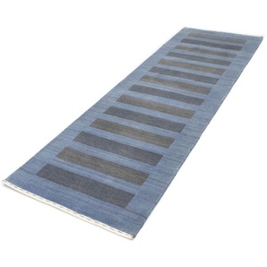Wollteppich MORGENLAND Loribaft Teppich Stripy Teppiche Gr. B/L: 80 cm x 250 cm, 14 mm, 2 m², 1 St., blau Webteppiche Kurzflor