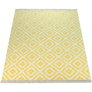 Wollteppich PACO HOME Kenitra 500 Teppiche Gr. B/L: 160 cm x 230 cm, 12 mm, 1 St., gelb (gelb, weiß) Fransenteppich Esszimmerteppiche Flachgewebe, reine Wolle, handgewebt, Rauten Design, mit Fransen