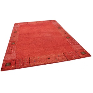 Wollteppich THEKO Denver 1999 Teppiche Gr. B/L: 70 cm x 140 cm, 16 mm, 1 St., rot Schurwollteppiche reine Wolle, Gabbeh Design, handgeknüpft, mit Bordüre