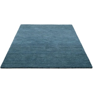 Wollteppich THEKO Gabbeh Uni, Handweb Teppich, meliert, reine Schurwolle, handgewebt Teppiche Gr. B/L: 300 cm x 400 cm, 14 mm, 1 St., grau (grau, blau) Schurwollteppiche