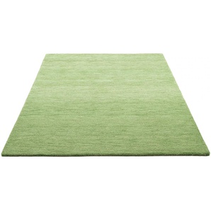 Wollteppich THEKO Gabbeh Uni, Handweb Teppich, meliert, reine Schurwolle, handgewebt Teppiche Gr. B/L: 300 cm x 400 cm, 14 mm, 1 St., grün Schurwollteppiche