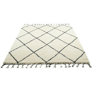 Wollteppich THEKO MARMOUCHA 05 Teppiche Gr. B/L: 140 cm x 200 cm, 24 mm, 1 St., schwarz (schwarz, weiß) Esszimmerteppiche reine Wolle, Rauten Design, mit Fransen