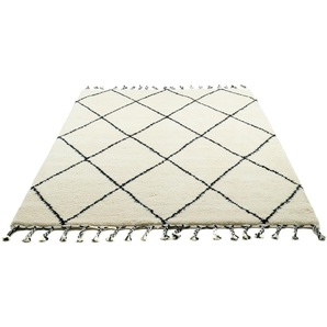 Wollteppich THEKO MARMOUCHA 05 Teppiche Gr. B/L: 90 cm x 160 cm, 24 mm, 1 St., schwarz (schwarz, weiß) Schurwollteppiche reine Wolle, Rauten Design, mit Fransen