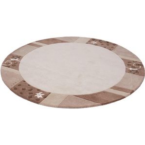 Wollteppich THEKO Royal Ganges Teppiche Gr. Ø 150 cm, 13 mm, 1 St., beige Esszimmerteppiche reine Wolle, mit Bordüre, ideal im Wohnzimmer & Schlafzimmer