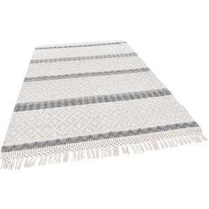 Wollteppich THEKO Visby - 915 Teppiche Gr. B/L: 120 cm x 180 cm, 10 mm, 1 St., weiß (wollweiß) Fransenteppich Esszimmerteppiche reine Wolle, handgewebt, Scandi Design, mit Fransen