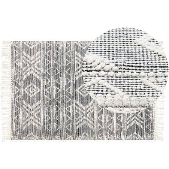 Wollteppich Weiß und Schwarz 160 x 230 cm Geometrisches Muster mit Quasten handgewebtes Wohnzimmer Schlafzimmer Boho Modern