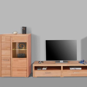Wohnwand WOLTRA Falco Kastenmöbel-Sets Gr. B/H/T: 325 cm x 190 cm x 35 cm, beige (kernbuche teilmassiv) Holzstruktur Wohnwände Fronten aus Massivholz