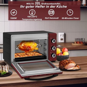Woltu - Mini Backofen 32 Liter, 1600 Watt Toasterofen Herausnehmbares, 5 Heizmodi, Doppelglastür Pizzaofen mit Drehspieß Backblech Grillrost