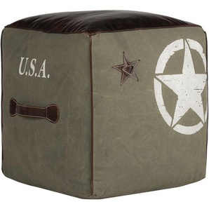 Womo-design - Sitzwürfel Omaha 45 cm, Oliv/Braun, Unikat, handgefertigt aus Echtleder/Segeltuch, Baumwolle Füllung, Quadratischer Sitzpouf Sitzpuff
