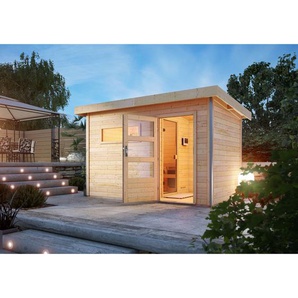 Woodfeeling Massivholzsauna Skrollan 3 mit Vorraum und Bio-Ofen natur 396 x 227 x 231 cm, 9 kW