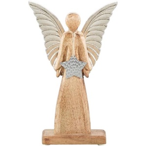 X-Mas Dekoengel, Braun, Silber, Holz, Metall, Mangoholz, Hartholz, Uni, Engel, 15.5x27x6.5 cm, Handmade in India, zum Stellen, handgemacht, Dekoration, Skulpturen & Dekoobjekte, Engelfiguren
