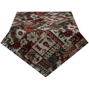 X-Mas Tischdecke, Dunkelgrün, Dunkelrot, Perlmutt, Textil, Weihnachten, quadratisch, 100 cm, bügelleicht, Wohntextilien, Tischwäsche, Tischdecken