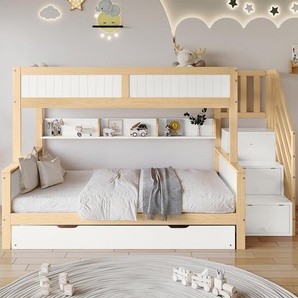 Xdovet Etagenbett mit Fallschutz und Gitter Rollbett Kleiderschrank Ecktreppe Kinderbett Hausbett Jugendbett 90x200&120*200cm Weiß+Natur XDovet398