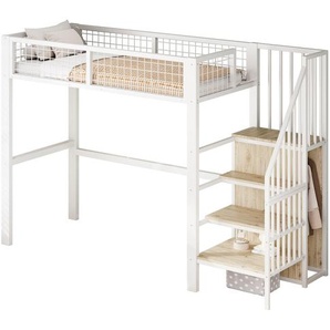 Xdovet Hochbett,Etagebett(Weiss) mit Leiter, Kinderbett mit Eisenrahmen und Aufbewahrungsregal, Kleiderschrank Xdovet 00844