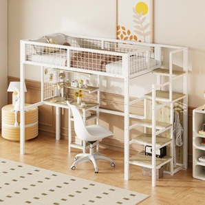 Xdovet Hochbett Kinderbett 90x200 mit Sicherheitsleiter, Kinderbett mit Eisenrahmen Kleiderschrank und Computertisch