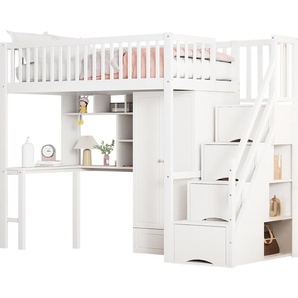 Xdovet Hochbett,Kinderbett mit großem Kleiderschrank Regal und Tisch,Mit Grosse Stauraum,Treppe,Mehrzweckbetteinheit Holzbettgestell Xdovet 00829