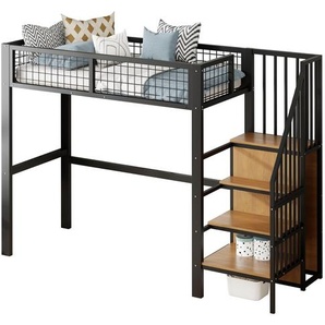 Xkiss Hochbett,Etagebett(Schwarz) mit Leiter, Kinderbett mit Eisenrahmen und Aufbewahrungsregal, Kleiderschrank XKISS 1144