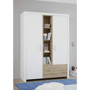 Xora Drehtürenschrank , Weiß, Eiche Artisan , Holzwerkstoff , 4 Fächer , 2 Schubladen , 143x200x55 cm , Beimöbel erhältlich, in verschiedenen Größen erhältlich , Kinder & Jugendmöbel, Jugendmöbel, Jugendkleiderschränke