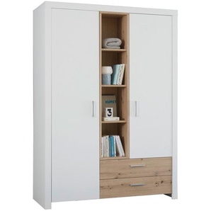 Xora Drehtürenschrank, Weiß, Eiche Artisan, Holzwerkstoff, 4 Fächer, 2 Schubladen, 143x200x55 cm, Beimöbel erhältlich, in verschiedenen Größen erhältlich, Kinder- & Jugendzimmer, Jugendmöbel, Jugendkleiderschränke