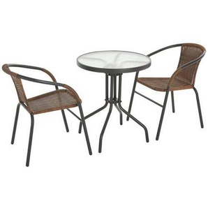 Xora Gartenset, Anthrazit, Braun, Metall, Kunststoff, Glas, 3-teilig, Stühle stapelbar, Tisch mit Glasplatte, platzsparend verstaubar, Balkonmöbel,