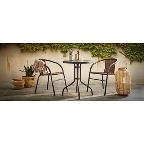 Xora Gartenset, Anthrazit, Braun, Metall, Kunststoff, Glas, 3-teilig, Stühle stapelbar, Tisch mit Glasplatte, platzsparend verstaubar, Balkonmöbel,