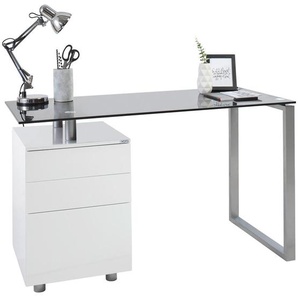Xora Schreibtisch, Schwarz, Silber, Weiß, Metall, Glas, Holzwerkstoff, 3 Schubladen, rechteckig, Flachrohr, rund, 62x76x130 cm, Bsci, Stauraum,
