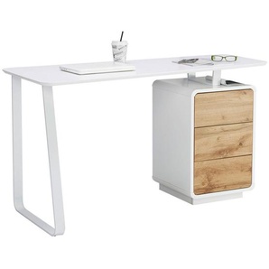 Xora Schreibtisch, Weiß, Eiche, Metall, Holzwerkstoff, 3 Schubladen, Freiform, Flachrohr, 44-60x76x140 cm, Stauraum, Arbeitszimmer, Schreibtische,