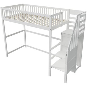 XTEILC Hochbett 90x200 mit Treppe, weißes Kinderbett aus Holz mit Aufbewahrungsregal, einfacher Kleiderschrank XTEILC01608
