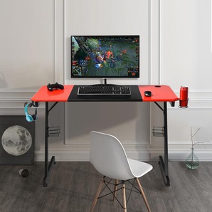 Z-förmiger Gaming Tisch Computertisch PC Tisch mit Becherhalter Kopfhörerhaken & Boxenständer Schreibtisch schwarz/rot