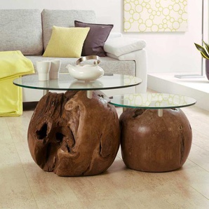 Zweisatztisch aus Teak Massivholz Glas (zweiteilig)